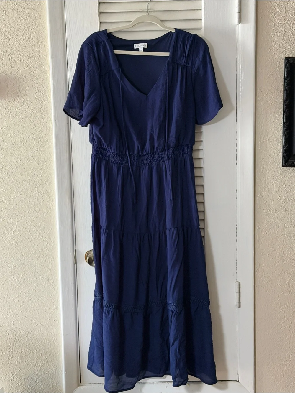 Luxology Navy Blue Tie Front Tiered Gauze Midi Dress